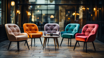 row of red leather chairs and wooden tables with white brick wall.generative ai