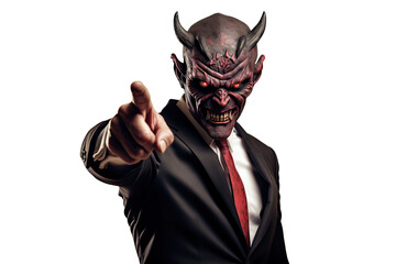 A demon businessman pointing isolated on white background - Generative AI