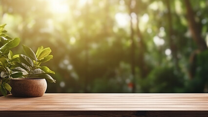 Empty wooden table with daytime home garden background, for product display