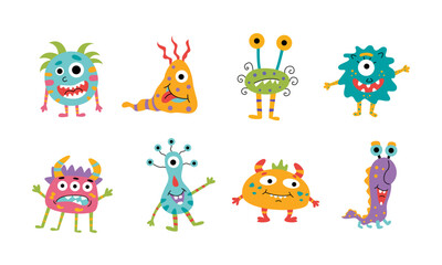 Obraz na płótnie Canvas Set of cute colorful monsters isolated on white background. Microbes. For children's design. Vector stock illustration in flat style.
