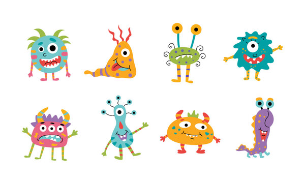 Set of cute colorful monsters isolated on white background. Microbes. For children's design. Vector stock illustration in flat style.