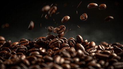 Close Up of Beans Action Shot on Black Background. Concept of Morning, Drink, Fast Dropping Coffee.