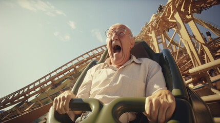 Older Grandfather Senior Man Screaming on Rollercoaster. Theme Park. Roller Coaster. Tracks and Rail. Concept of Adventure, Bucket List, Joy, Thrill Ride, and Ride.