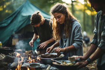 Fototapeta na wymiar Unrecognizable teenagers camping and cooking