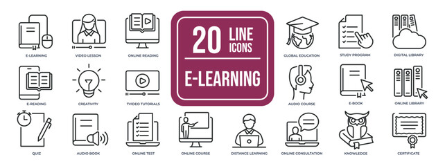 E-Learning thin line icons. Editable stroke. For website marketing design, logo, app, template, ui, etc. Vector illustration.