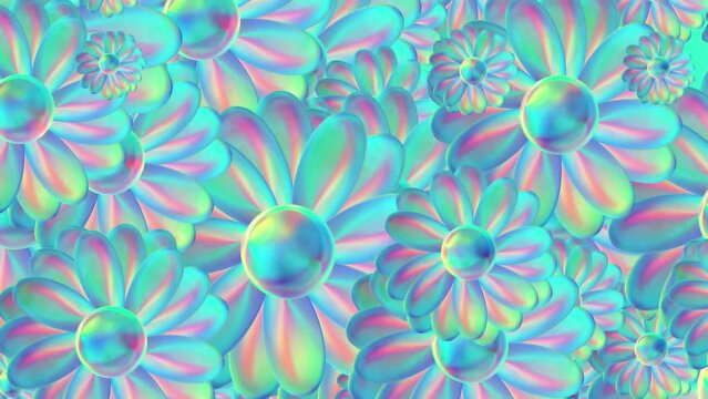 3d Animation - Looping animated background of randomly rotating iridescent colored flowers