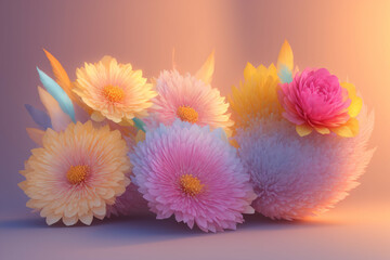 Soft Flowers with Pastel Background. Coloured flowers and decor feathers on pastel gradient pastel background. Generative-AI.