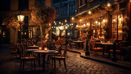 Fototapeta na wymiar European alley cafe scene in the evening