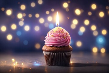 Birthday cupcake with candle on blure background