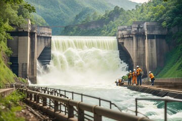 hydro waterfall workers work process - obrazy, fototapety, plakaty