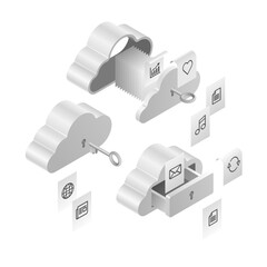 Clouds computing electronics connection, hosting server database network and cloud service icons infographics, isolated vector illustration on white.