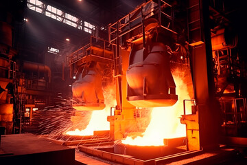 Fototapeta na wymiar Metallurgical plant. Metal melting in a large cauldron. Molten metal. Metallurgy
