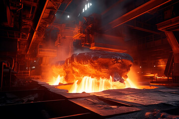 Metallurgical plant. Metal melting in a large cauldron. Molten metal. Metallurgy - obrazy, fototapety, plakaty