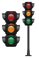 Set of Three Traffic Lights with all three colors on. Realistic vector illustration isolated on white background. 3D EPS10.