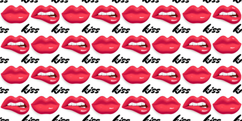 Seamless pattern with lips. 3d lips pattern with inscription. Vector illustration for beauty salon, paper packaging, cosmetics