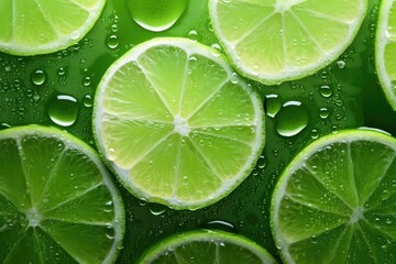 Slices of fresh juicy green lemons. Lime fruit cut texture. Citrus section pattern. Vibrant color...