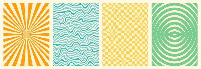 Groovy backgrounds set. Retro groovy texture. 60s and 70s style. Hippie backgrounds. Psychedelic funky abstract. Groovy poster template. Nostalgia for the 70s.