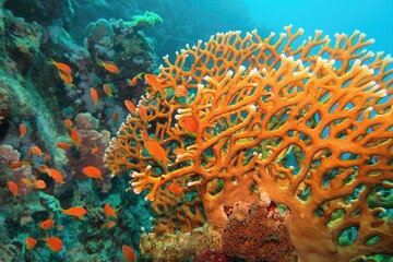 Beautiful underwater scene with Fire Coral (Millepora)  and coral fish Anthias