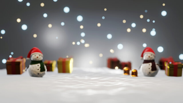 Blurred view couple of snowman with gifts and snowflake in winter season 3D rendering