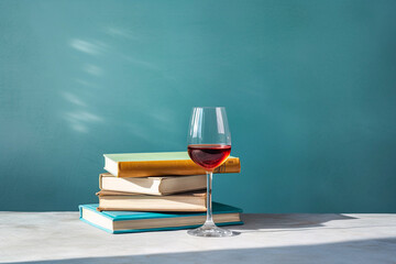 a glass of wine and a pile of books, isolated on a blue concrete wall, created with generative ai - obrazy, fototapety, plakaty