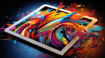 A sleek tablet emanating a spectrum of colors, epitomizing the device's boundless creative and productive potential. Generative AI