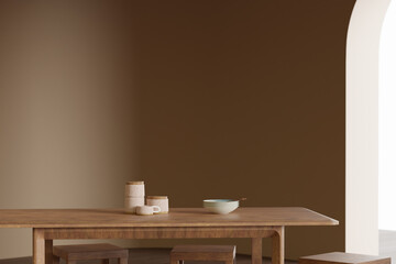Generic dining room interior with copy space, 3d rendering. Mock-up illustration of a living room with a dining table in natural tan colours