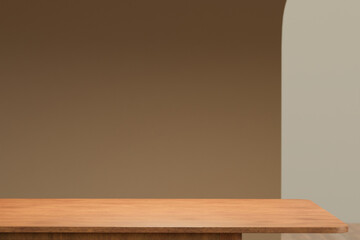 Generic dining table background with copy space, 3d rendering. Mock-up illustration of an empty living room with a dining table in natural tan colours