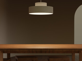 Generic dining table interior with copy space, 3d rendering. Mock-up illustration of an empty living room with a dining table in natural tan colours