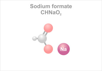 Sodium formate. Simplified scheme of the molecule. Use as food additive as buffering agent and as a deicing agent.