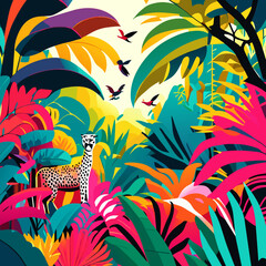 Seamless pattern with wild animals and tropical plants. Vector illustration