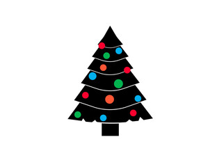 Flat black Christmas tree, christmas toys icon on white background. New year, celebration, holidays, christmas.
