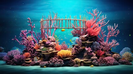 Fototapeta na wymiar A vibrant underwater panorama showcases a tapestry of corals, diverse marine creatures, and exquisite stones against the backdrop of a paradisiacal beach. Generative AI Keywords: