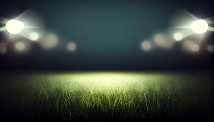 Empty grass field scene background with spotlights light. Night view of stadium light reflected on...