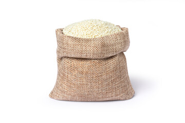White sesame seed in hemp sack bag isolated on white background