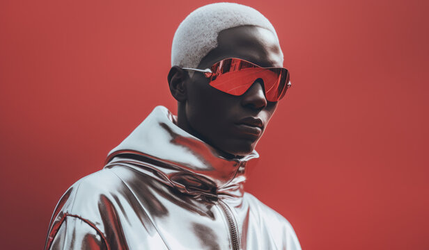 A cool man with white closely cropped hair, in a reflective metallic mylar silver suit. 90s futurism fashion. High contrast, vibrant red background. Oversized reflective sunglasses.