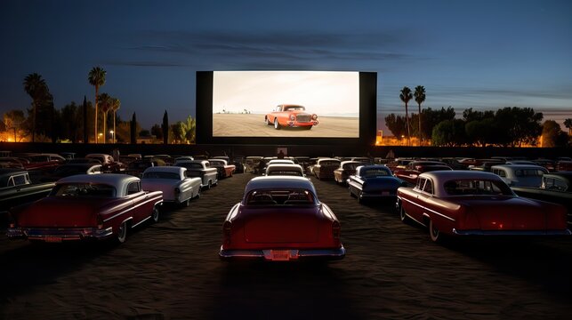 Vintage cars at a drive-in, lights dimmed, as an iconic movie begins to roll. A nostalgic moment. Generative AI