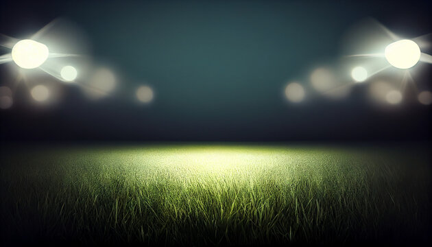 Empty grass field scene background with spotlights light. Night view of stadium light reflected on grass, rainbow over field, Ai generated image 