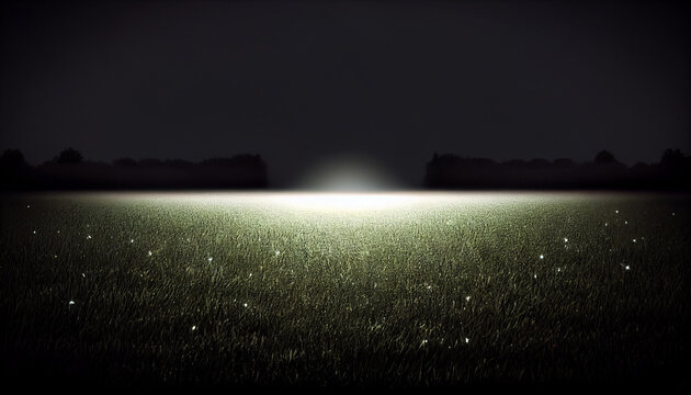 Empty grass field scene background with spotlights light. Night view of stadium light reflected on grass, rainbow over field, Ai generated image 
