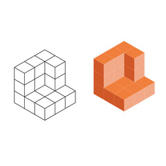 Obraz premium 3D isometric cubes for each shape using the dotted lines on a dots grid. The line drawing is on a school math sheet with a white background.