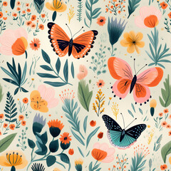 Fototapeta na wymiar Seamless pattern with butterflies and flowers. Vector illustration in flat style.Generative AI
