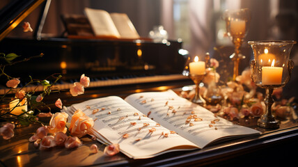 Naklejka na ściany i meble piano keyboard with flowers and music notes.generative ai