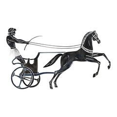 Black silhouette of the ancient Greek chariot of the Olympic Games. Greek painting. Hand drawn watercolor. Isolate. Horse chariot and rider. For banners, prints and textiles. For packaging, labels.
