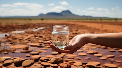 Desperate hands clutching a water source, a beacon of hope amidst the harsh desert drought. Generative AI