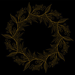 Luxury botanical golden wedding frame element on black background. Circle shape, sequins, eucalyptus leaves, leaf twigs. Elegant foliage design for wedding, cards, invitations, greetings