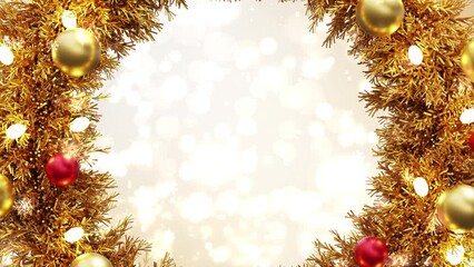 Christmas gold wreath frame abstract snowflakes Particles Falling glitter animation. Merry Christmas winter and Happy New Year festival background.