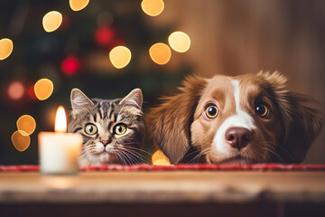 Cat and dog friends waiting for food at dinner table. Pets and Christmas photo for postcard.