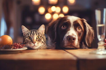 Cat and dog friends waiting for food at dinner table. Pets and Christmas photo for postcard. - 631816332