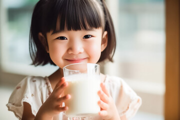 Portrait of Asian little cute kid holding a cup of milk in kitchen in house. Young preschool daughter stay home with smiling face, happy enjoy drinking milk. Generative AI. - obrazy, fototapety, plakaty