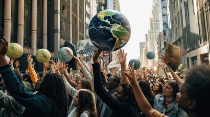 Passionate crowd on the streets, holding Earth, advocating for environmental preservation and action. Generative AI