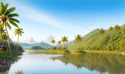 Fototapeta na wymiar Spring landscape morning in village with green meadow on hills, orang and blue sky, Spring panorama view by the river, Countryside with river,green field,wild flowers and sunset. coconut plantation.